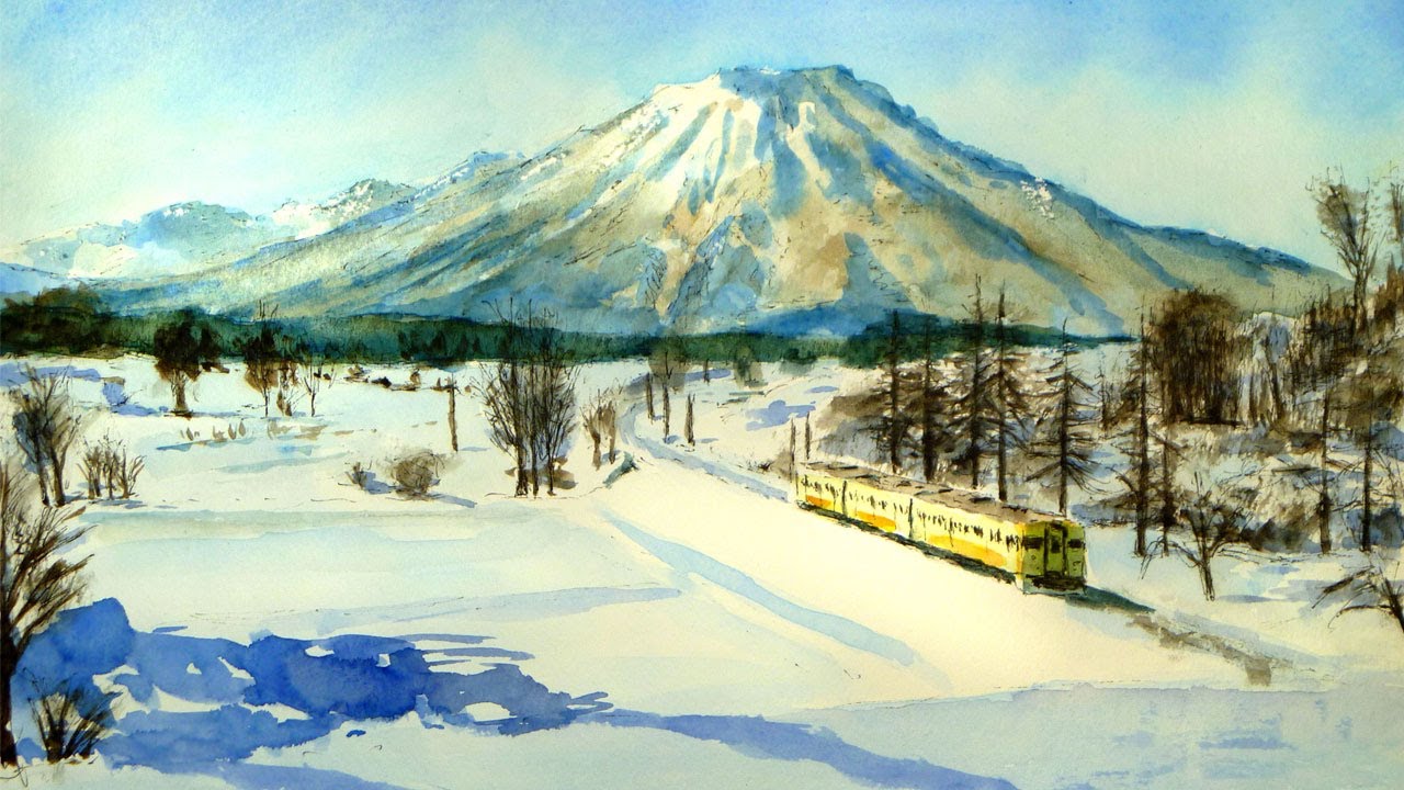 油彩画 :雪解けの春 山と川の風景＊絵画 原画 油絵 風景画 冬 油彩画