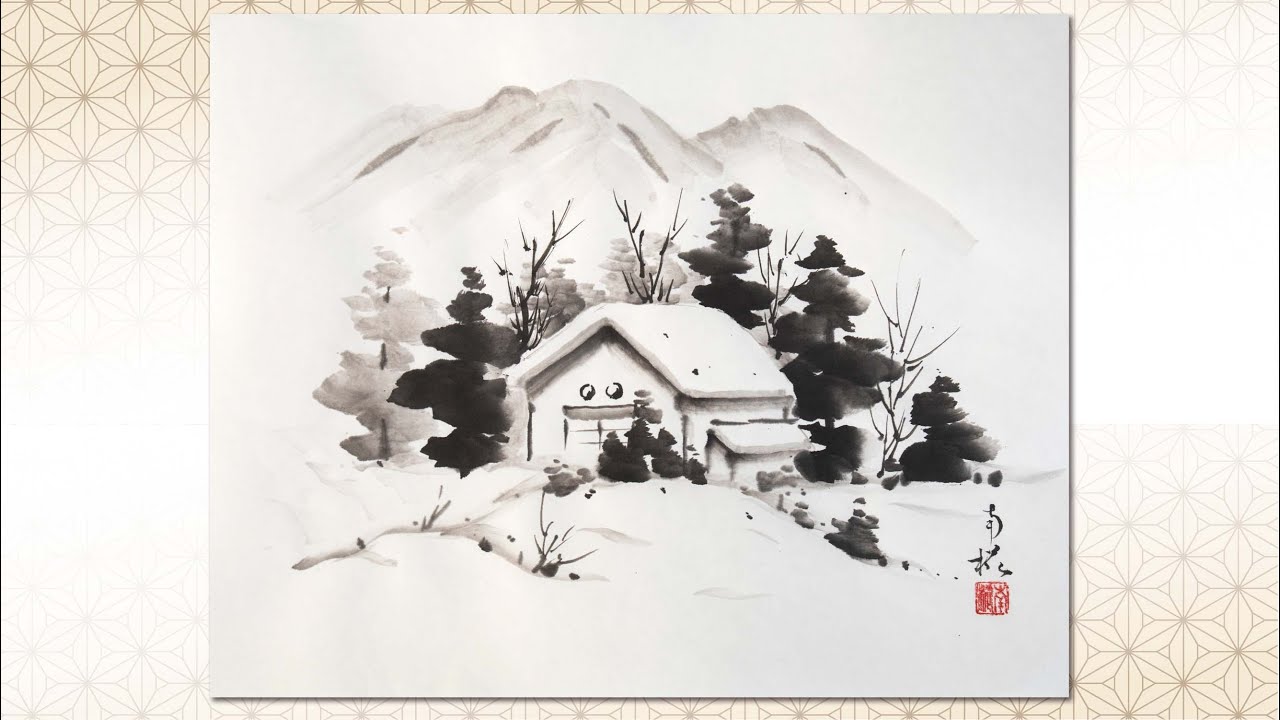 水墨画 雪景色 山水画 日本画 冬・梅 2点セット 水墨画 雪景色 山水画
