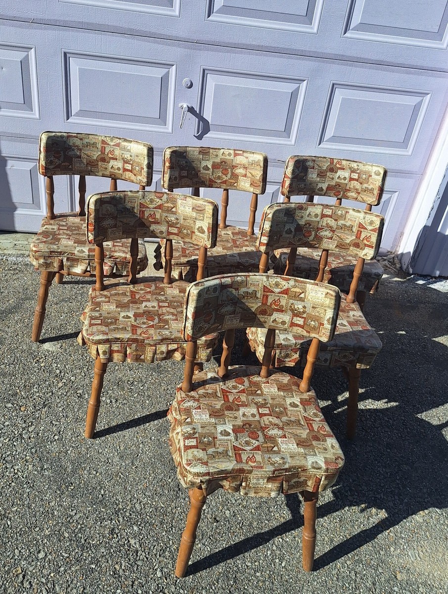 Vintage 60s 70s Kitchen Dining Wooden Chair Vinyl Ruffled Brown