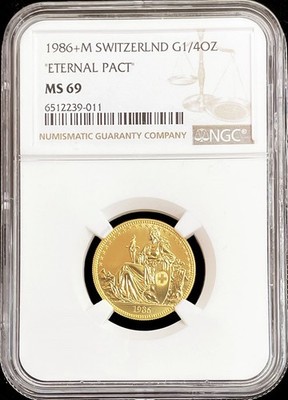1986+M GOLD SWITZERLAND 1/4 OZ ETERNAL PACT HELVETIA COIN NGC MINT