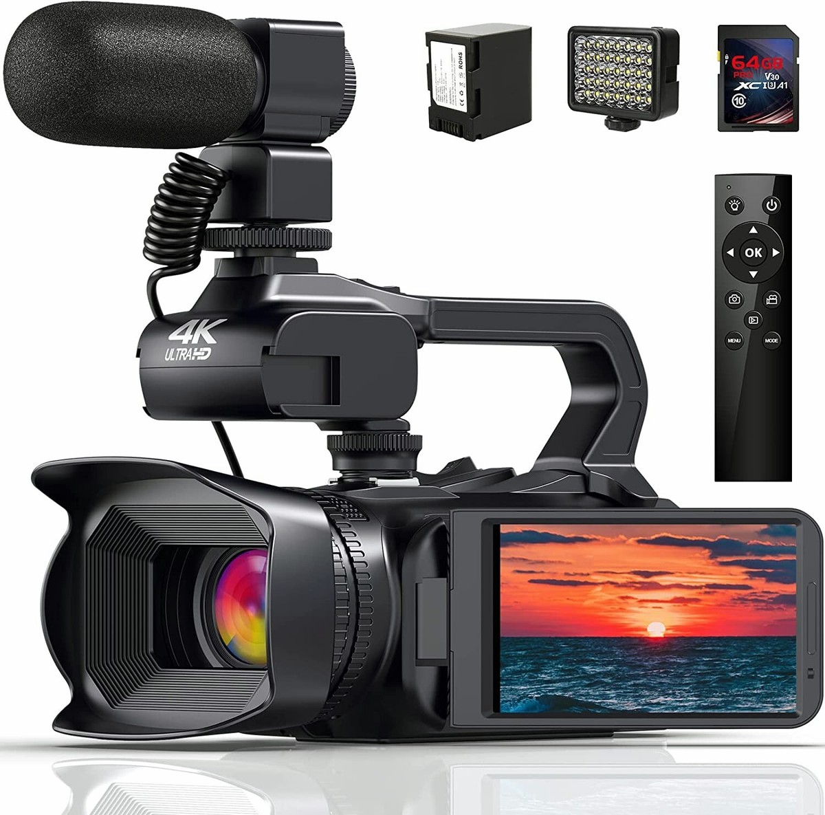 4K Video Camera Camcorder, 64MP 60FPS18X Digital Zoom Auto Focus