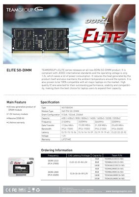 TEAMGROUP ELITE DDR4 32GB Kit (2 x 16GB) 3200MHz (2933MHz or