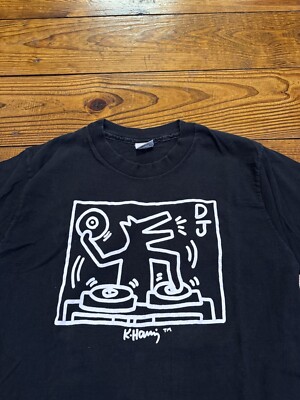 Vintage 90s Keith Haring Pop Shop Long Sleeve Tee Rare DJ Dog USA