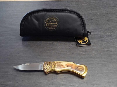 Franklin Mint Knife In Zipper Pouch Collector Grizzly Bear Salmon
