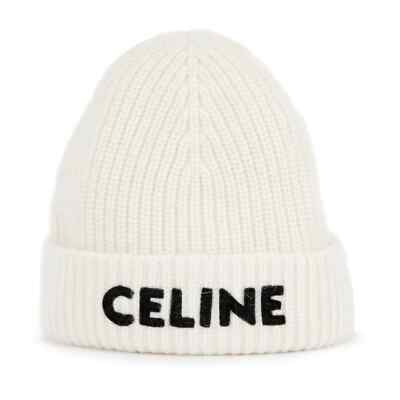Celine Paris White Black Logo Laine Knit Wool Embroidered Beanie