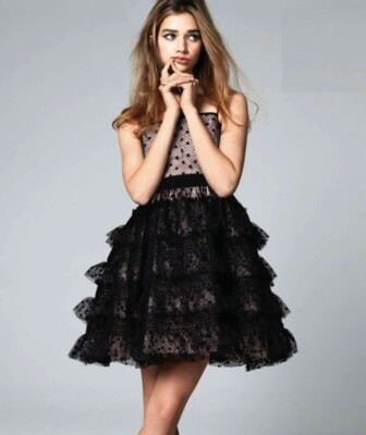 BNWT Red VALENTINO Black Lace Tulle Fit & Flare Ruffles Dress 46