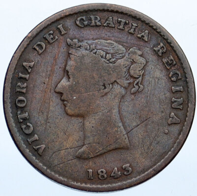 1843 CANADA New Brunswick British Queen VICTORIA Ship 1/2 Penny
