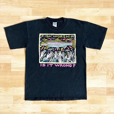 Vintage 90s Fish Worship Ray Troll Art Tee Black T-Shirt Gift Size