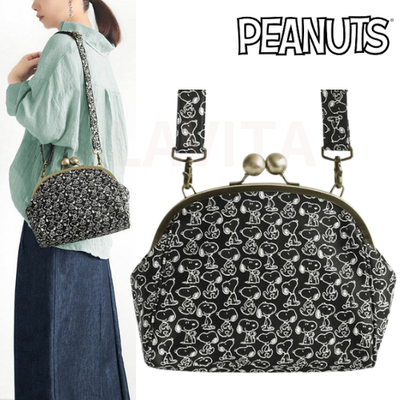 Peanuts Snoopy Shoulder Bag Metal Clasp Jacguard BLACK Japan