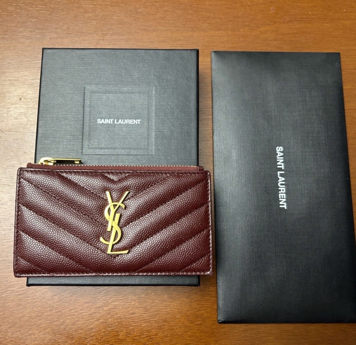 Saint Laurent YSL Cassandre Matelassé Zipped Card Case Burgundy