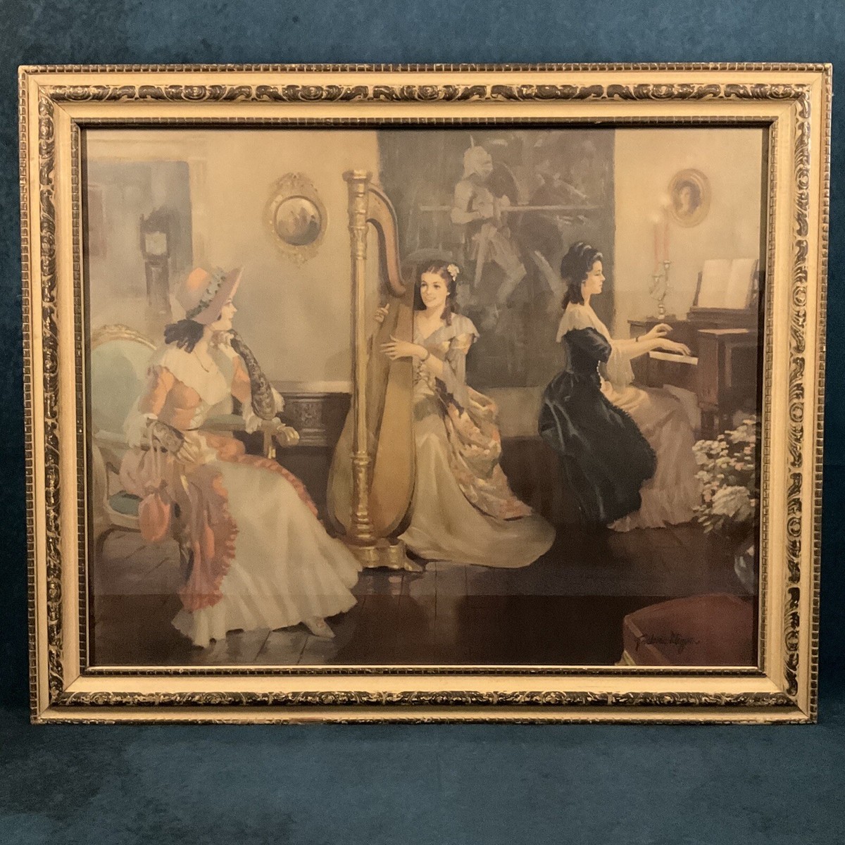 Vintage Ca. 1940s Framed Lithography “3 Ladies in the Parlor” By