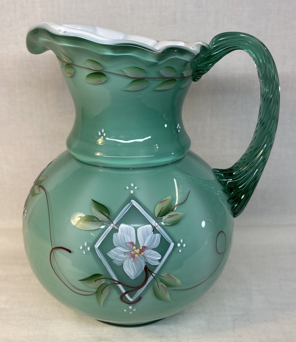 Fenton Spruce Green Overlay Pitcher 75th Diamond Jubilee Bill