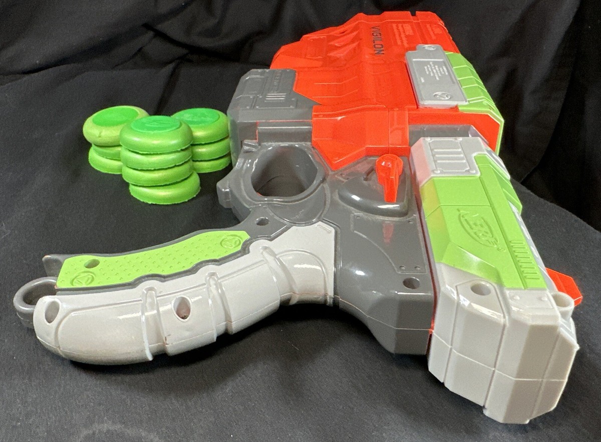 Nerf Vortex Vigilon Blaster Green Orange Disc Gun & 10 Disks 2010