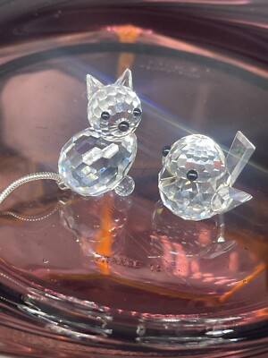SWAROVSKI Austrian Lead Crystal Mini Cat w/Metal Tail and Bird