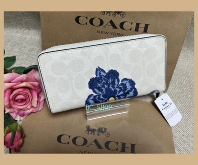COACH F6656 Long zip wallet Signature White & Blue flowers chalk