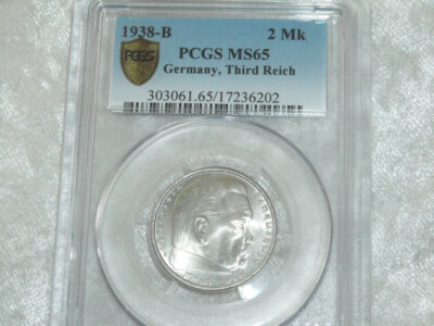PCGS MS-65 NAZI GERMAN SWASTIKA 1938-B 2 ReichsMark SILVER COIN