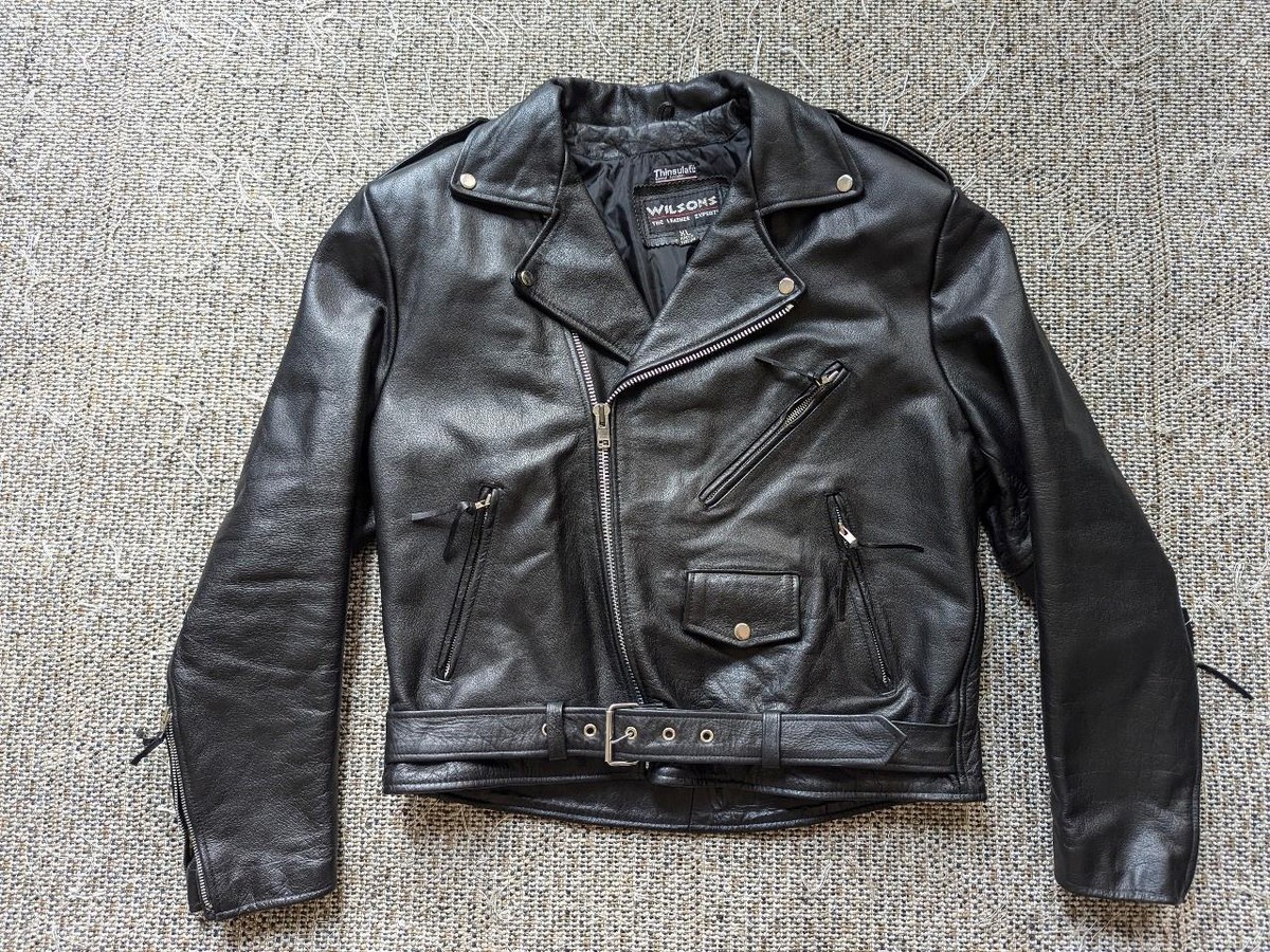 vintage 1990s black WILSONS motorcycle jacket XL belted 46 punk
