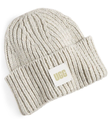 UGG Chunky Rib-Knit Logo Patch Beanie Light Grey NWT | eBay