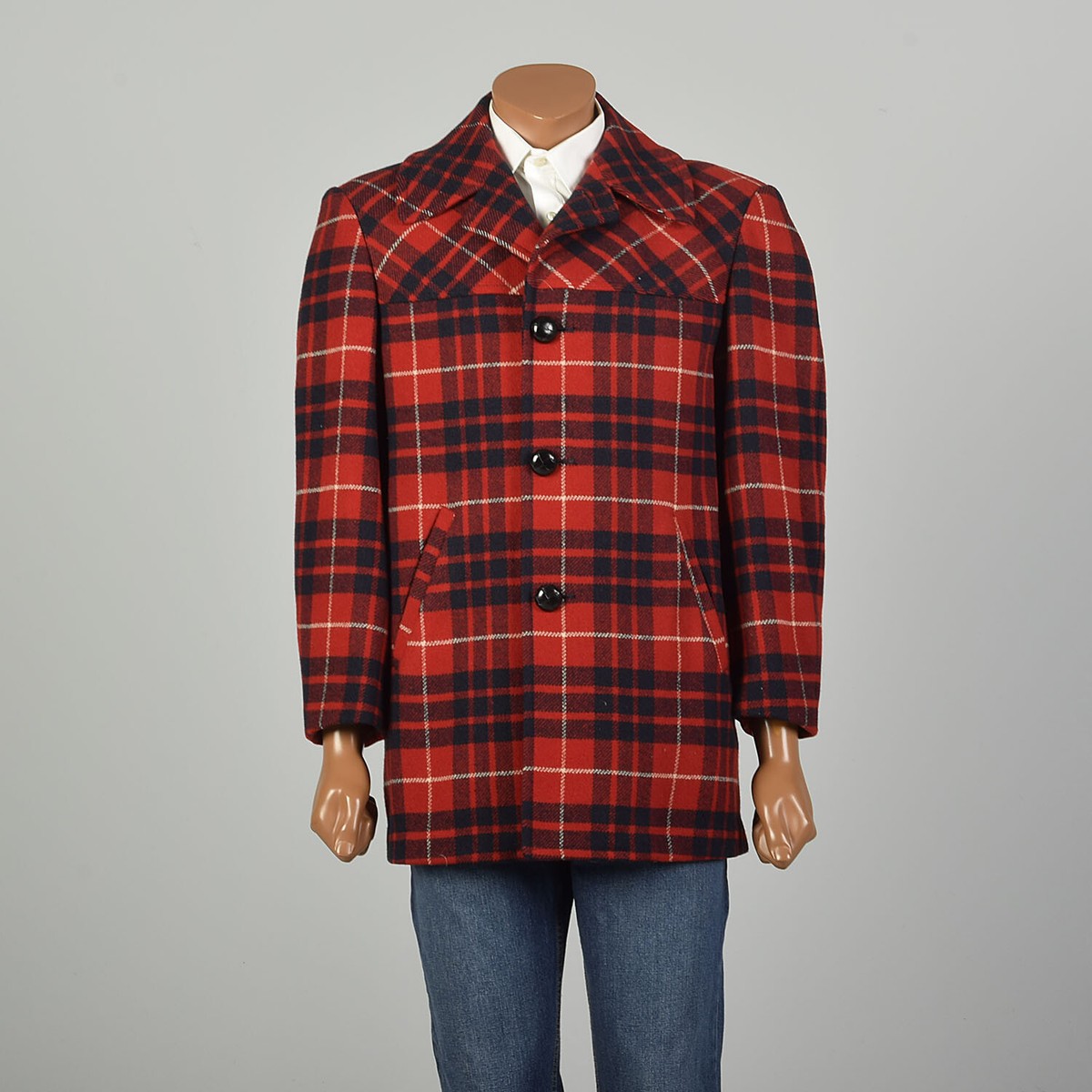 46L Large 1950s Red Plaid Coat Lumberjack Pendleton Wool Lined