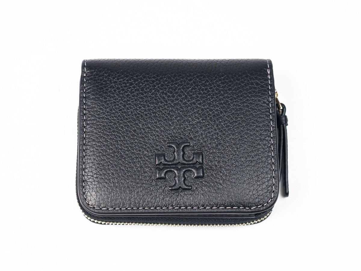 Latest Tory Burch THEA Black Pebbled Leather Embossed Logo BiFold