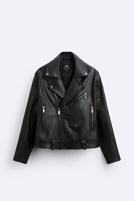 New Zara Genuine Leather Biker Jacket 4416/689 Black XL Moto