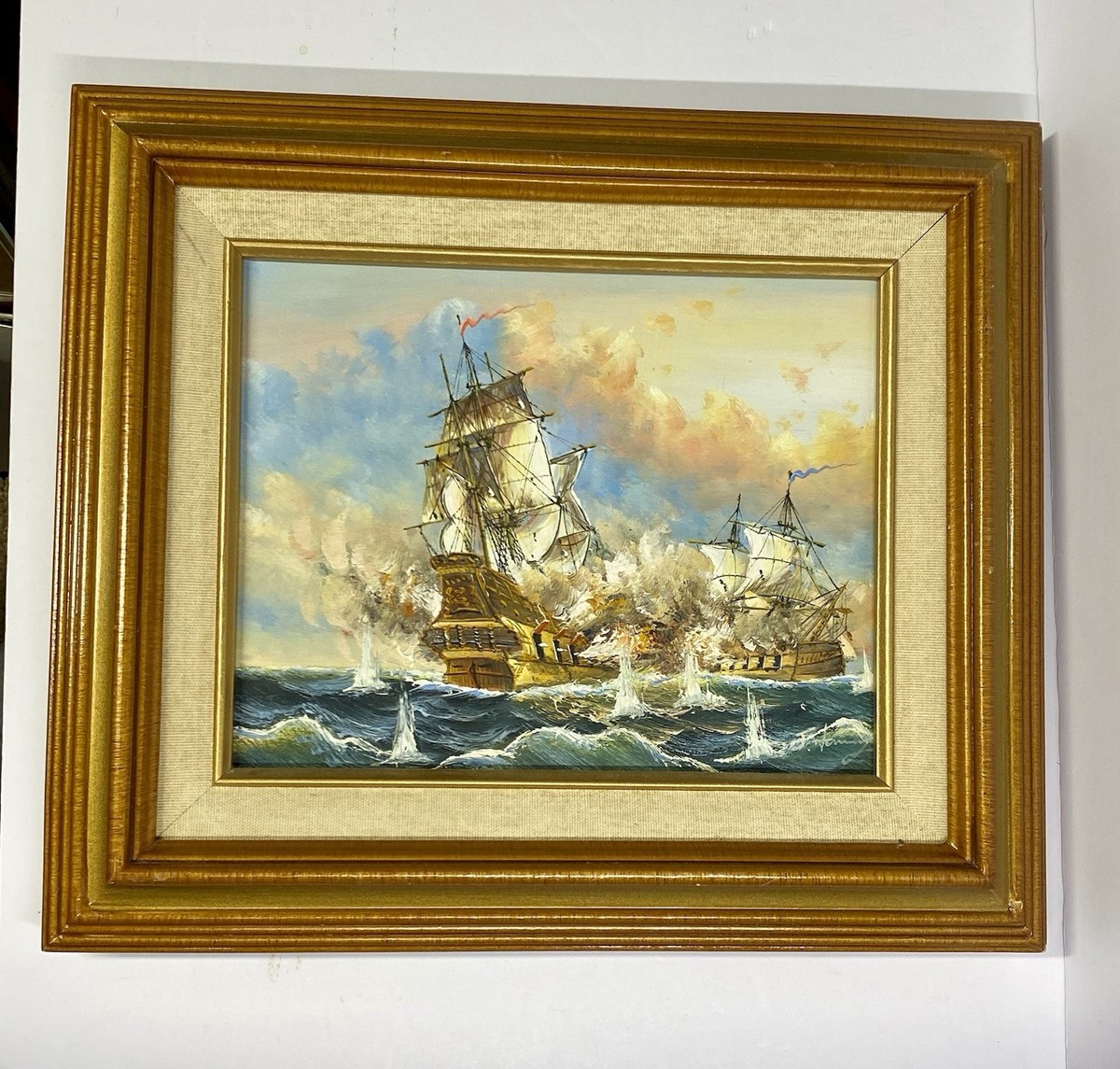 J Harvey? SHIPS BATTLE AT SEA Oil Painting On Canvas Signed Wood