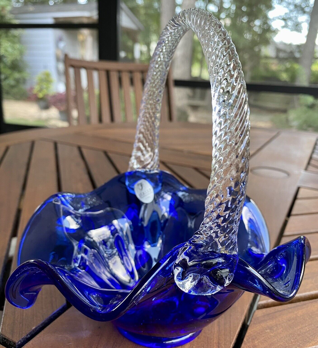 フェントン ハンドペイント ブルー チューリップ ガラス バスケット