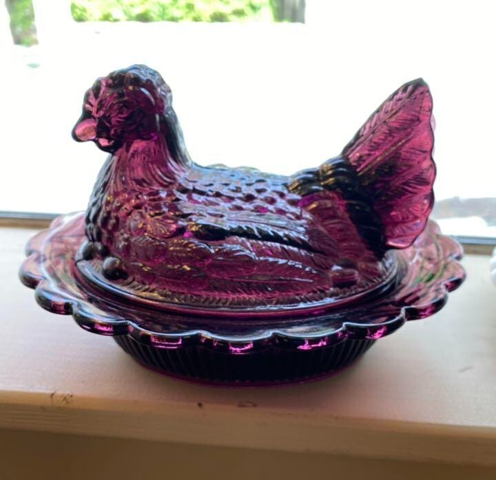 Mosser Glass Hen On Nest Basket Covered Candy Dish Purple 80-90's