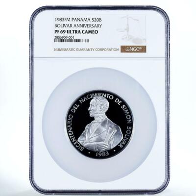 Panama 20 balboas Bicentennial Simon Bolivar PF 69 NGC silver coin