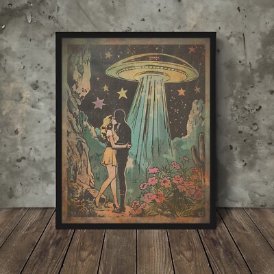 ALIEN LOVERS Wall Art, Retro UFO Sci-fi Poster, Flying Saucer