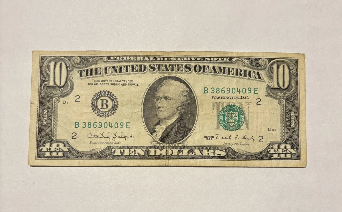 未经认证$10， 1990 美国小尺寸纸币说明| eBay