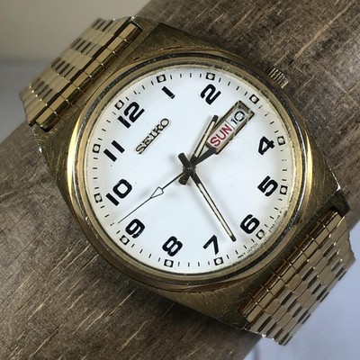Vintage Seiko Quartz Watch Gold Tone Day Date V743-9029 Japan