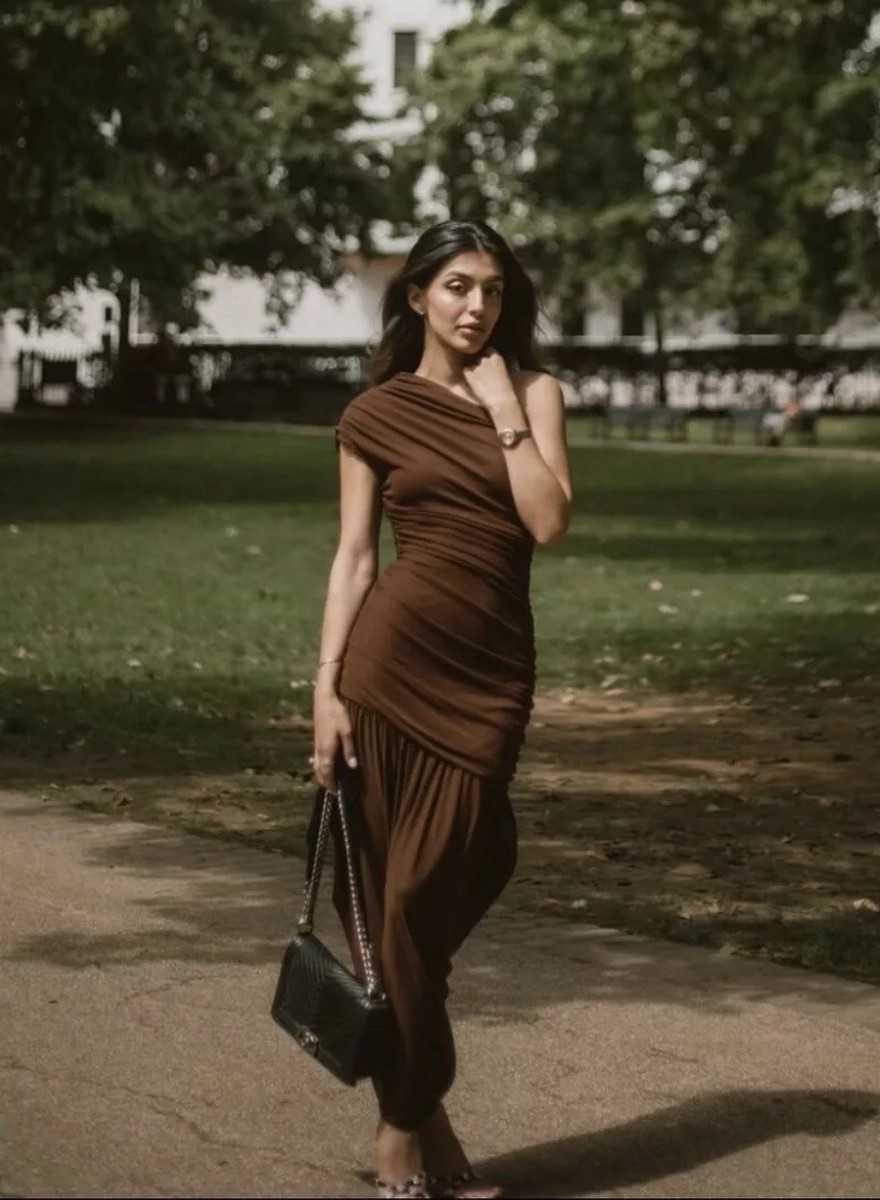ZARA WOMEN FW24 DRAPED ASYMMETRIC BROWN DRESS ZW COLL S, L | 7947