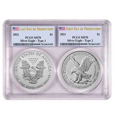 2021 $1 Type 1, Type 2 Silver Eagle Set PCGS MS70 First and Last