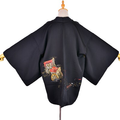 Japanese Black Vintage Short Silk Kimono,Silver & Gold Belt
