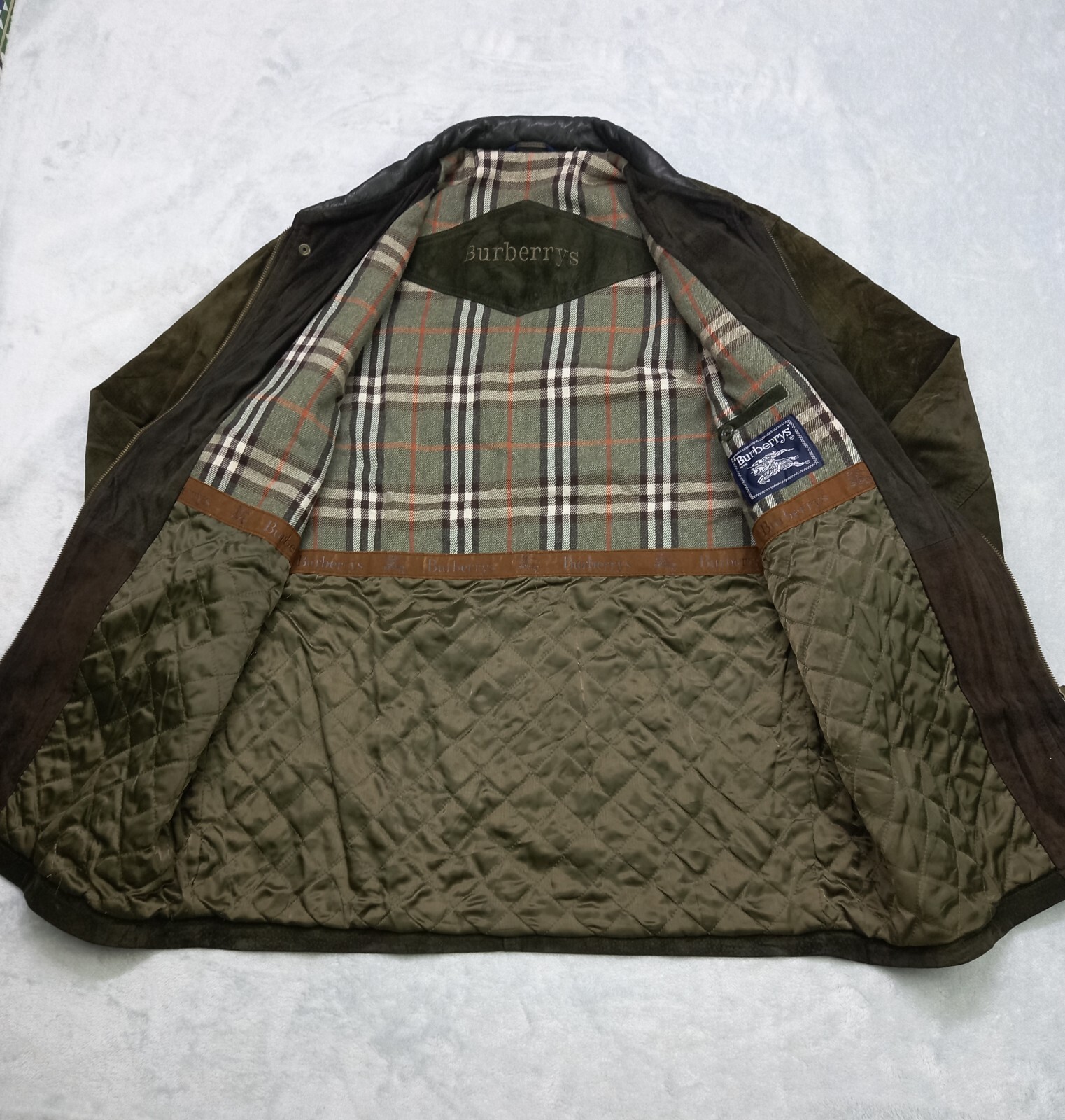 Vtg 80s BURBERRYS Green Suede Leather Wool Lined Nova Check Jacket