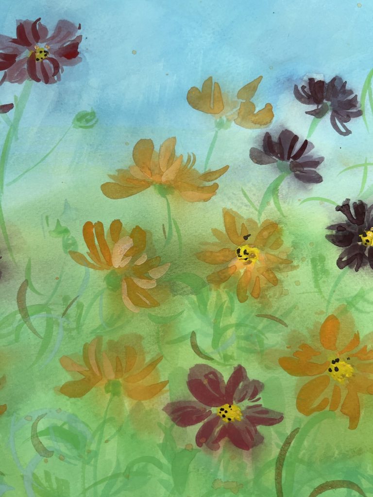 黄花コスモス | 堀井かずえ | 花の絵ファンタジック水彩画
