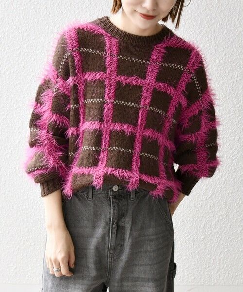 セール】 SHIPS any:〈手洗い可能〉シャギー チェック クルーネック
