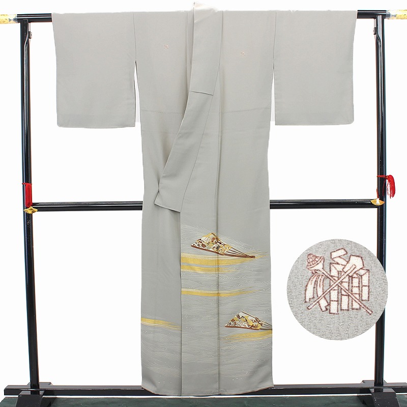 中古】 色留袖 訪問着仕立て レディース 正絹 灰 金 流水 扇 身丈158cm