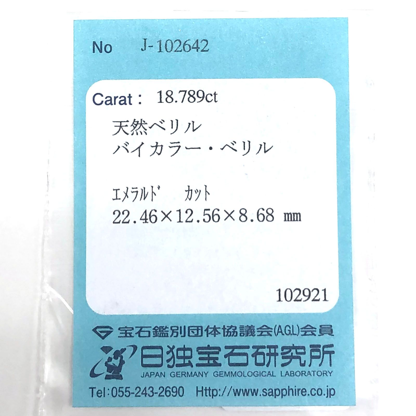 バイカラーベリル(宝石名バイカラー・ベリル) アフガニスタン産 18.789