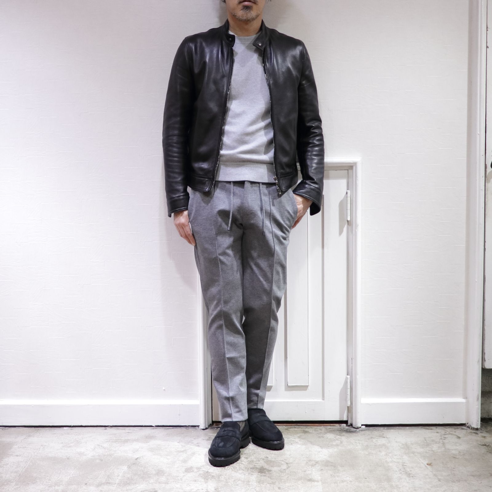 EMMETI エンメティ シングルライダースジャケット 山羊革 グレー XL