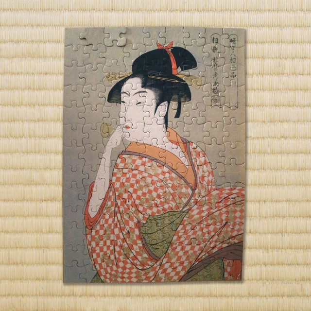 木版画 ポッピンを吹く女 歌麿 浮世絵の写実性” -喜多川 歌麿作
