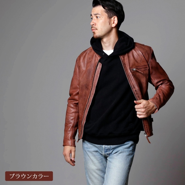 Mo-Laws 山羊革 メンズ シングルライダースジャケット ダメージカラー