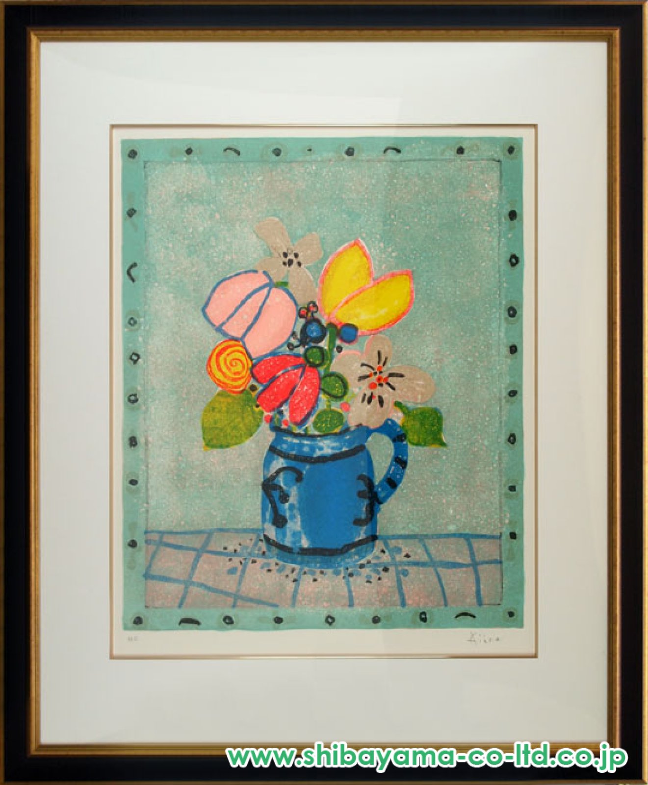 真作□ポール・アイズピリ 版画 青い背景の花 直筆サイン□絵画