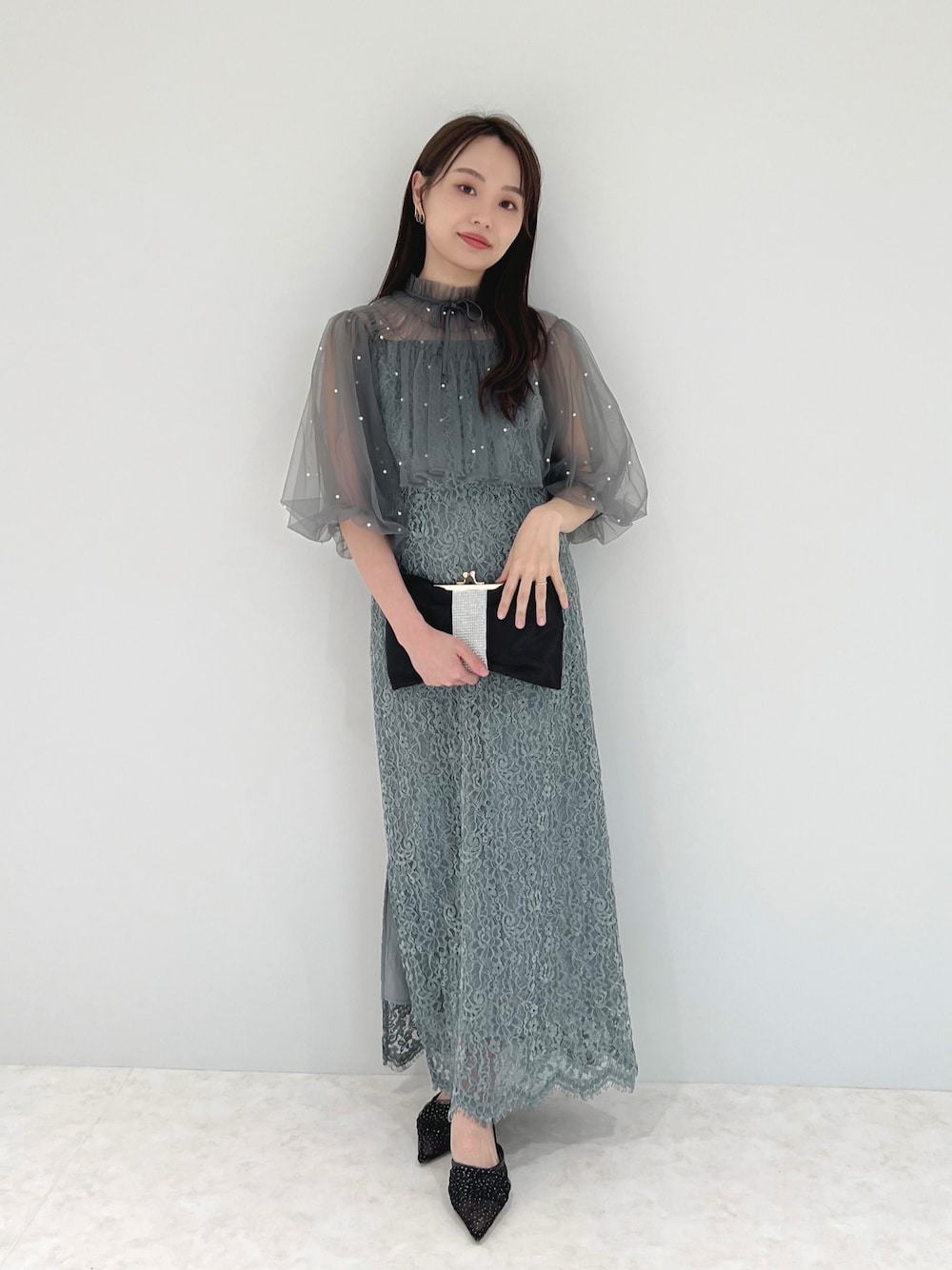 LEJA】パール付きケープ風リボンパフスリーブボレロ刺繍レーススリット