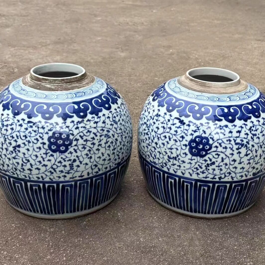 中国 清時代 青華纏枝蓮紋巻缸 木箱入 送料込み0817 中国 清時代 青華