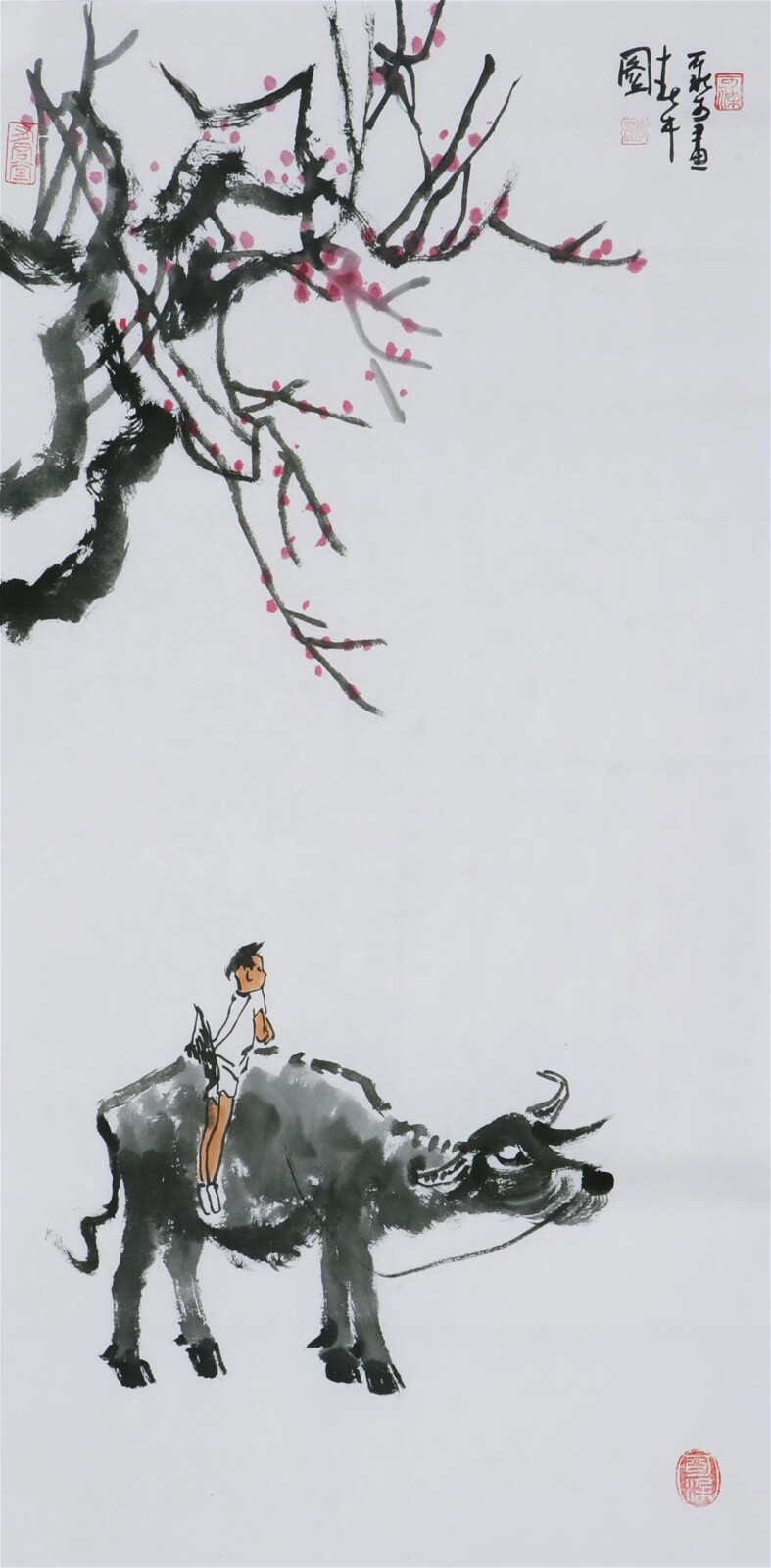 中国古美術・純手描き牧牛図三尺画芯・水墨画・李可染印款・書道