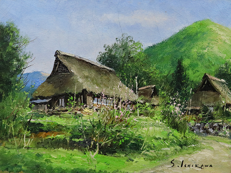 茅葺き屋根の家 絵画 油絵 雪景色 油絵 風景画 冬の茅葺き屋根の家