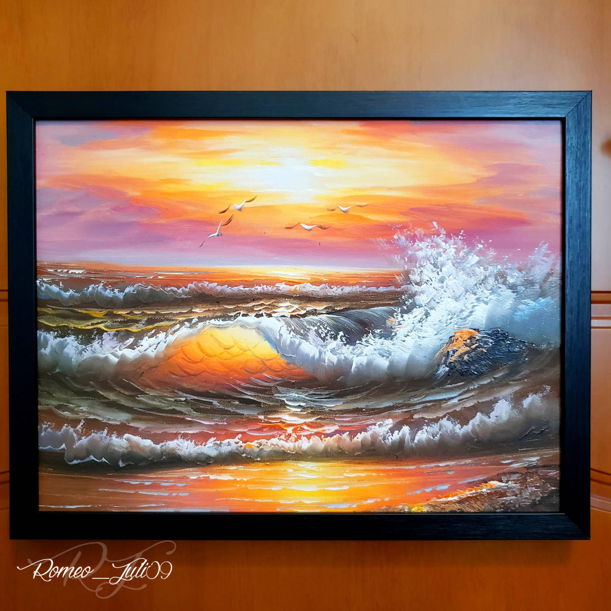 日の出の海の風景画（油絵肉筆画）885×1280 日の出の海の風景画（油絵