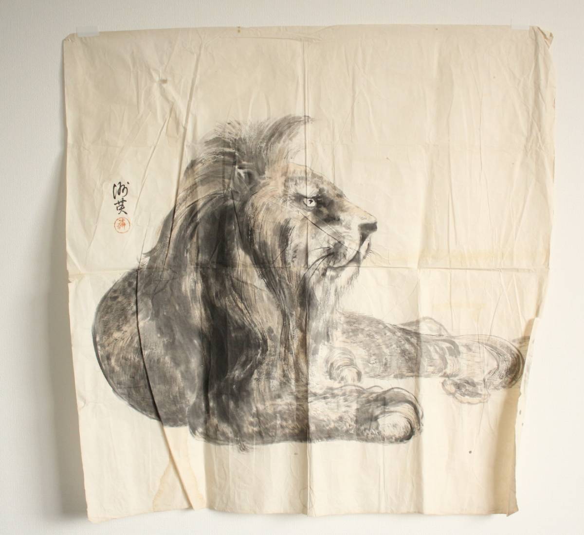 久隅守景 紙本淡彩水墨 【二匹の獅子図】肉筆 時代箱 落款印譜